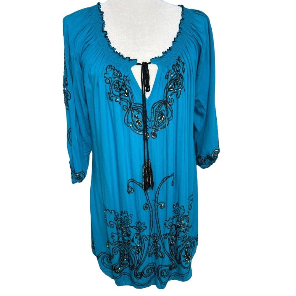 Krista Lee Blue Embroidered Tunic‎ Top W/ Beaded Tassels Size Medium